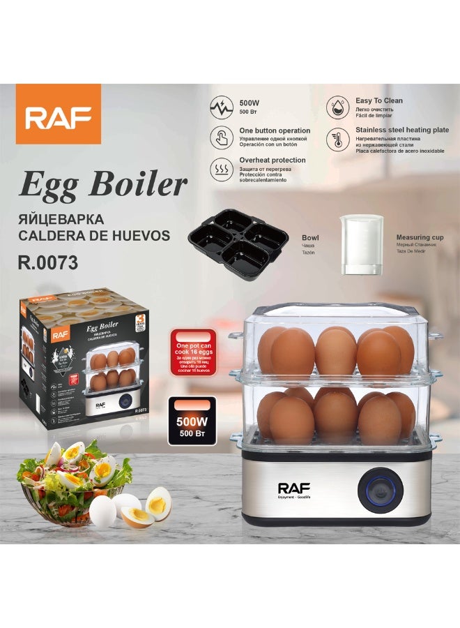 RAF Automatic Egg Cooker and Boiler, 500W Fast Heating Electric Egg Steamer with Double Layer Capacity, Measuring Cup Included, One Touch Control, Safe Overheat Protection for Daily Breakfast Preparation - Image 1